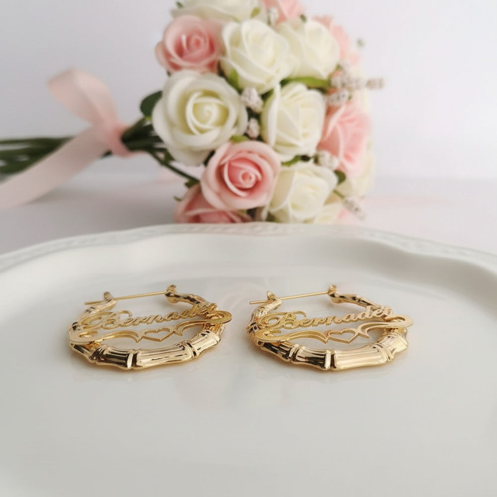 Bamboo Name Earrings Gold 18k Gold Heart Bamboo Name