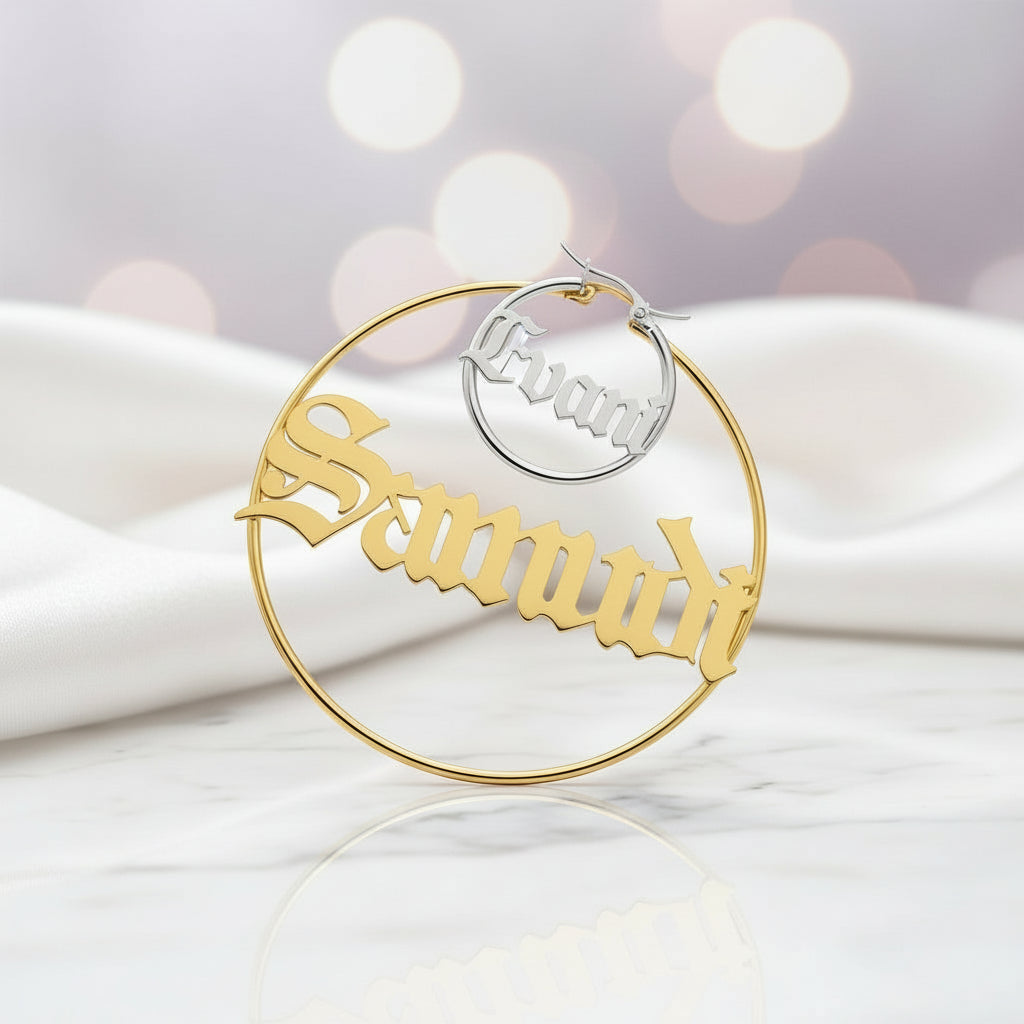 Custom Name Big Hoop Earrings-Black Diamonds New York