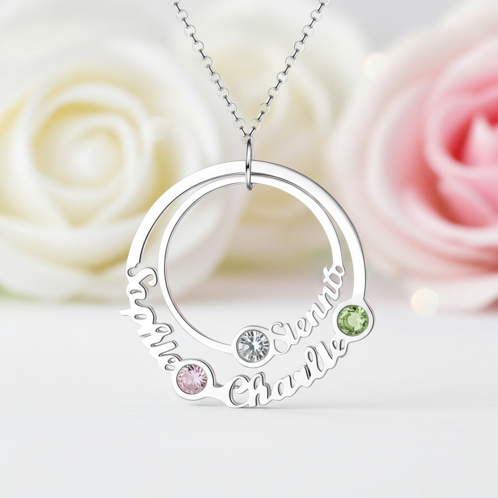 Custom Name Circle Necklace with 3 Birthstones-Black Diamonds New York