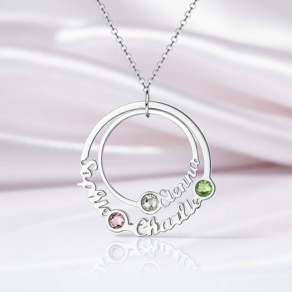 Custom Name Circle Necklace with 3 Birthstones-Black Diamonds New York