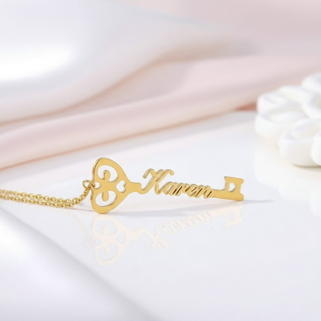Custom Name Key Pendant Necklace-Black Diamonds New York