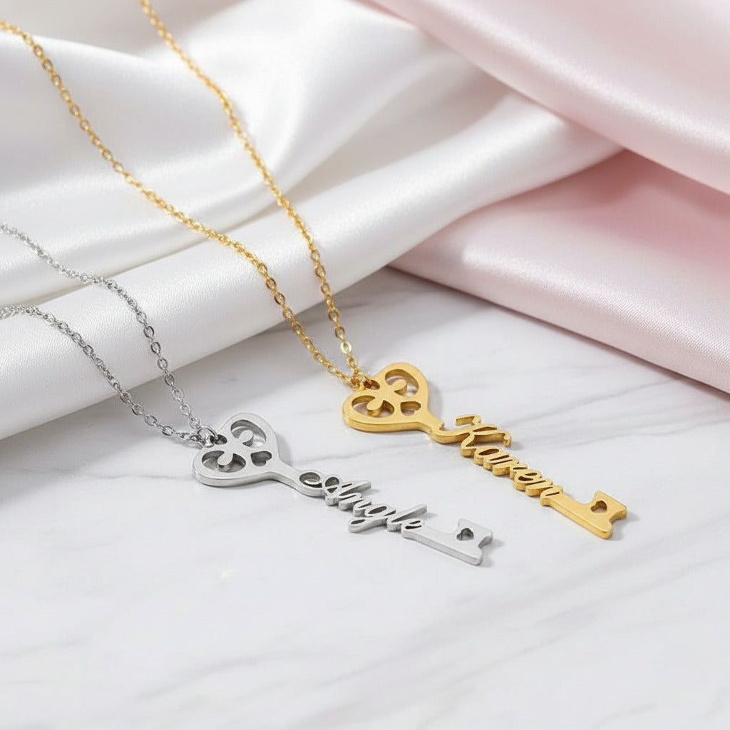 Custom Name Key Pendant Necklace-Black Diamonds New York