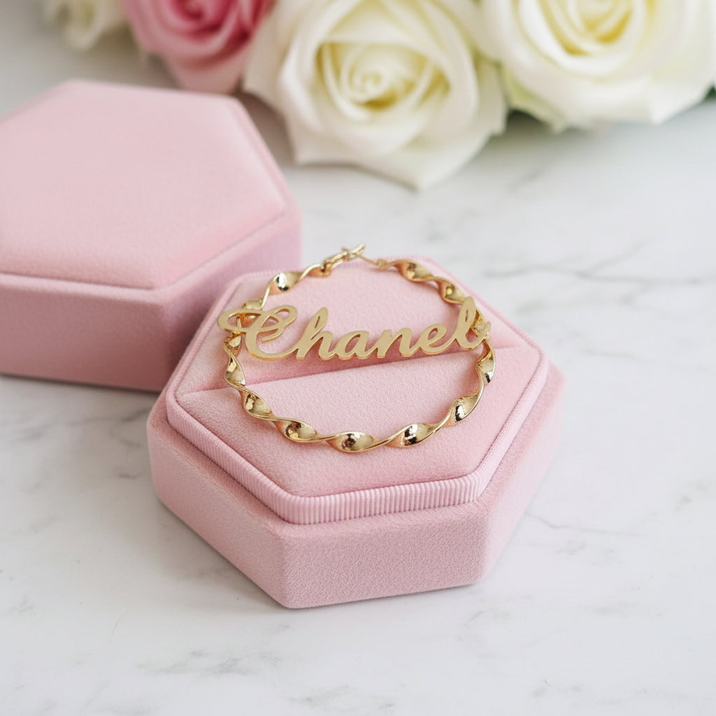 Custom Name Twist Hoop Earrings-Black Diamonds New York