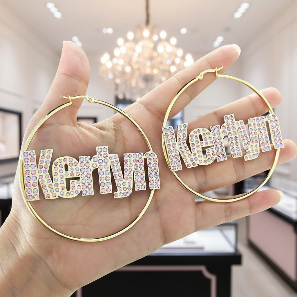 Custom Name with Diamond Option Hoop Earrings-Black Diamonds New York