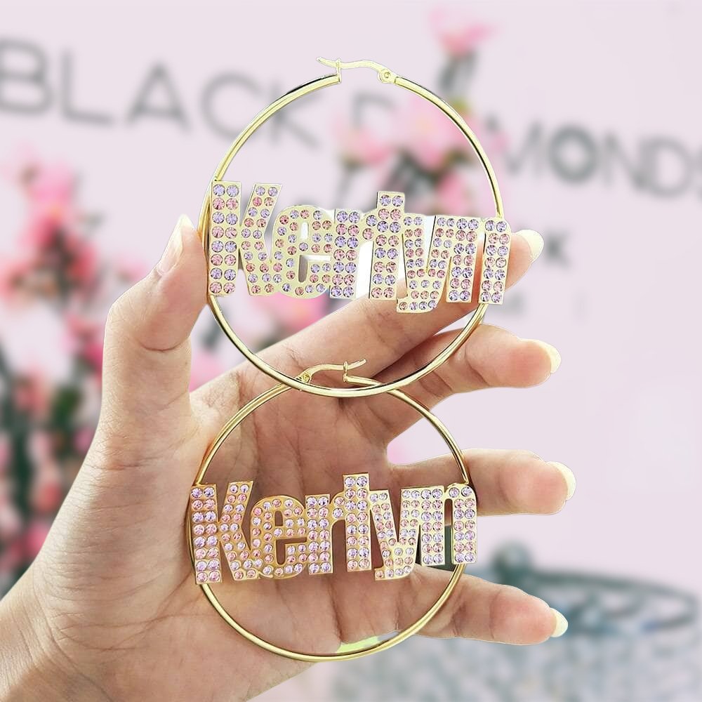 Custom Name with Diamond Option Hoop Earrings-Black Diamonds New York