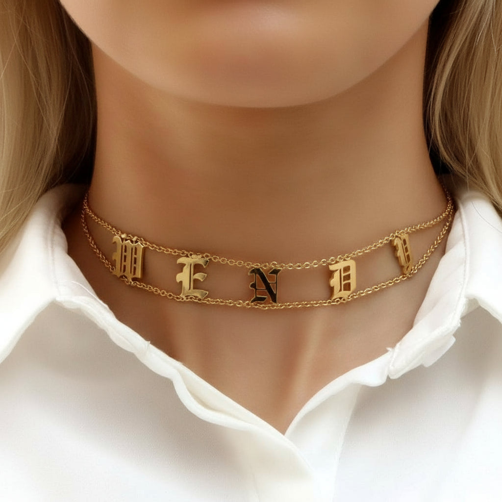 Custom Nameplate Old English Choker-Black Diamonds New York