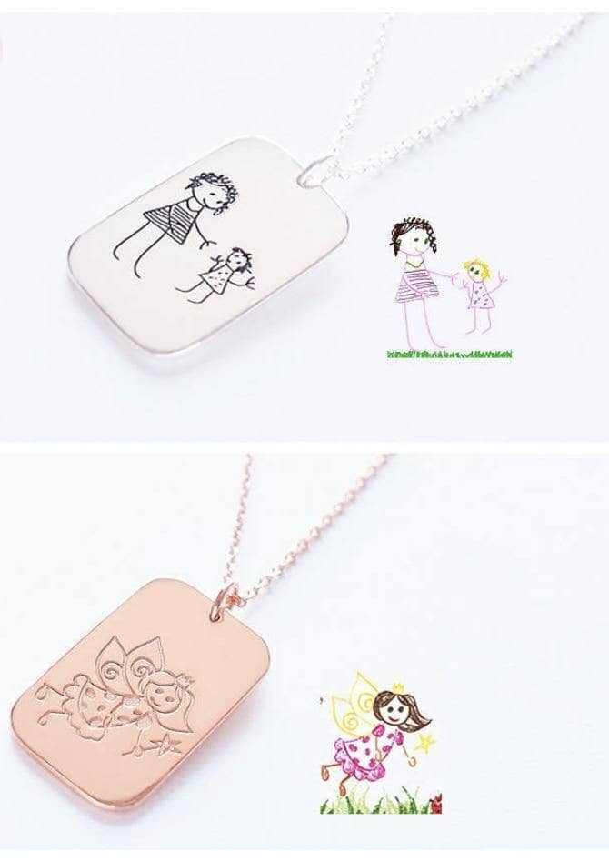Customized Children's Drawing 925 Sterling Silver Memory Necklace - Black Diamonds New York