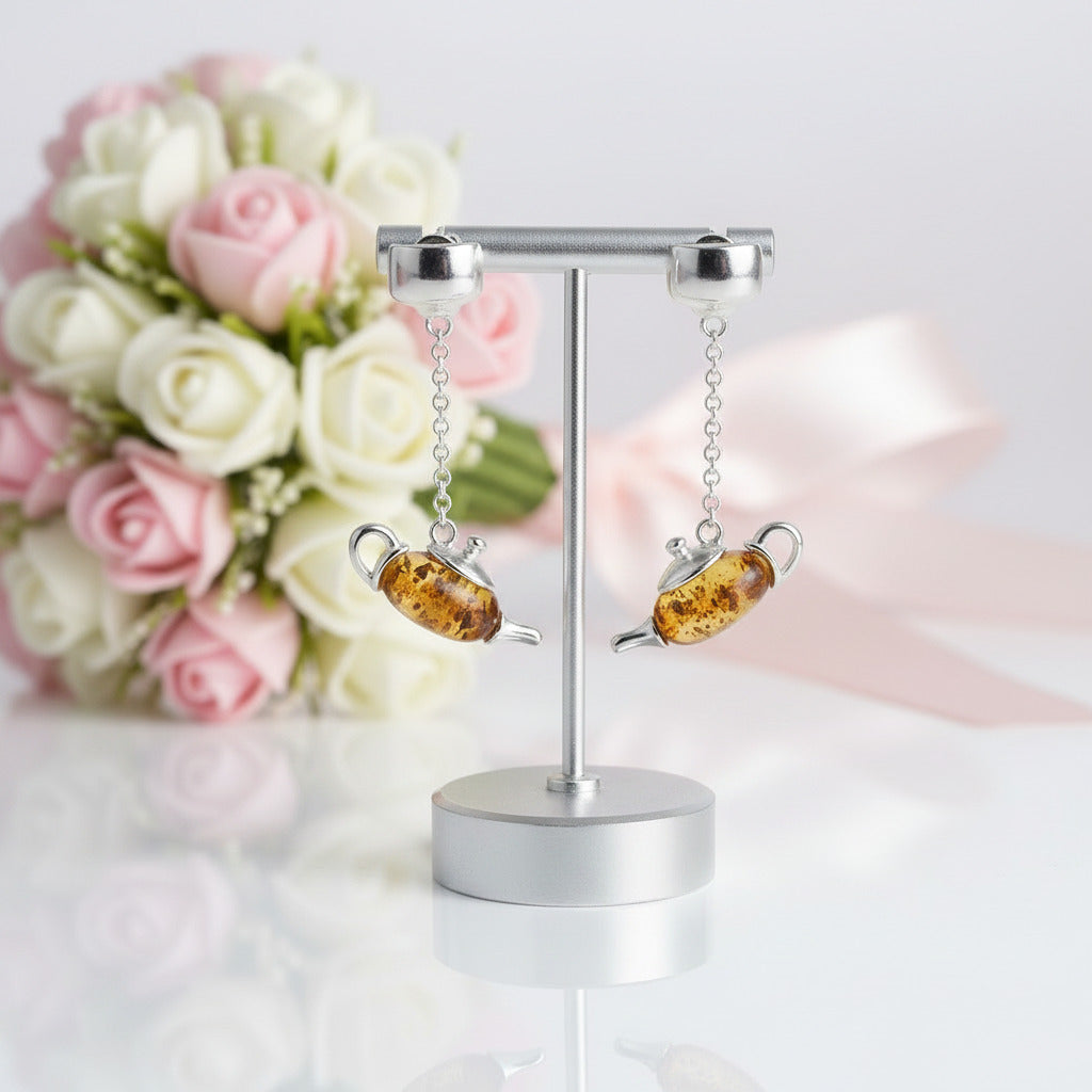 Cute Amber Teapot Dangle Earrings-Black Diamonds New York