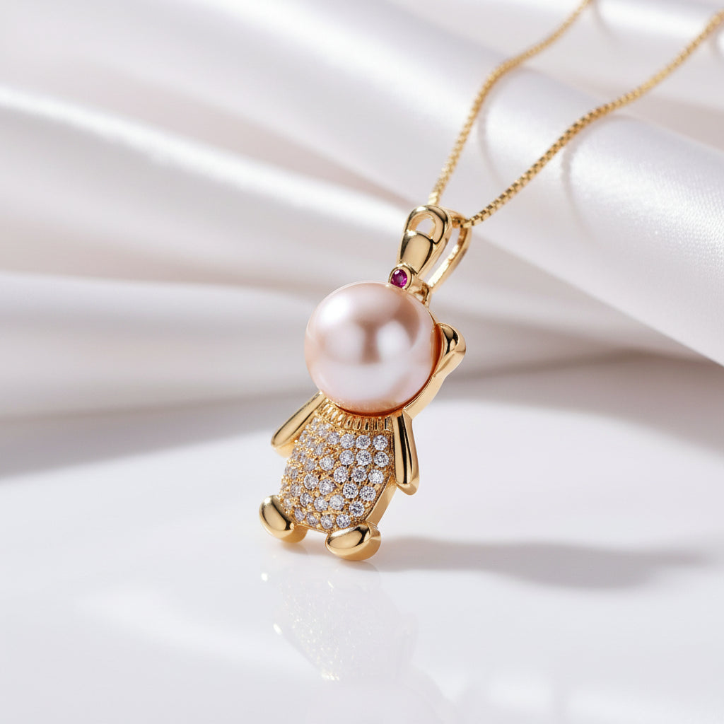 Cute Bear Freshwater Pearl Pendant Necklace-Black Diamonds New York