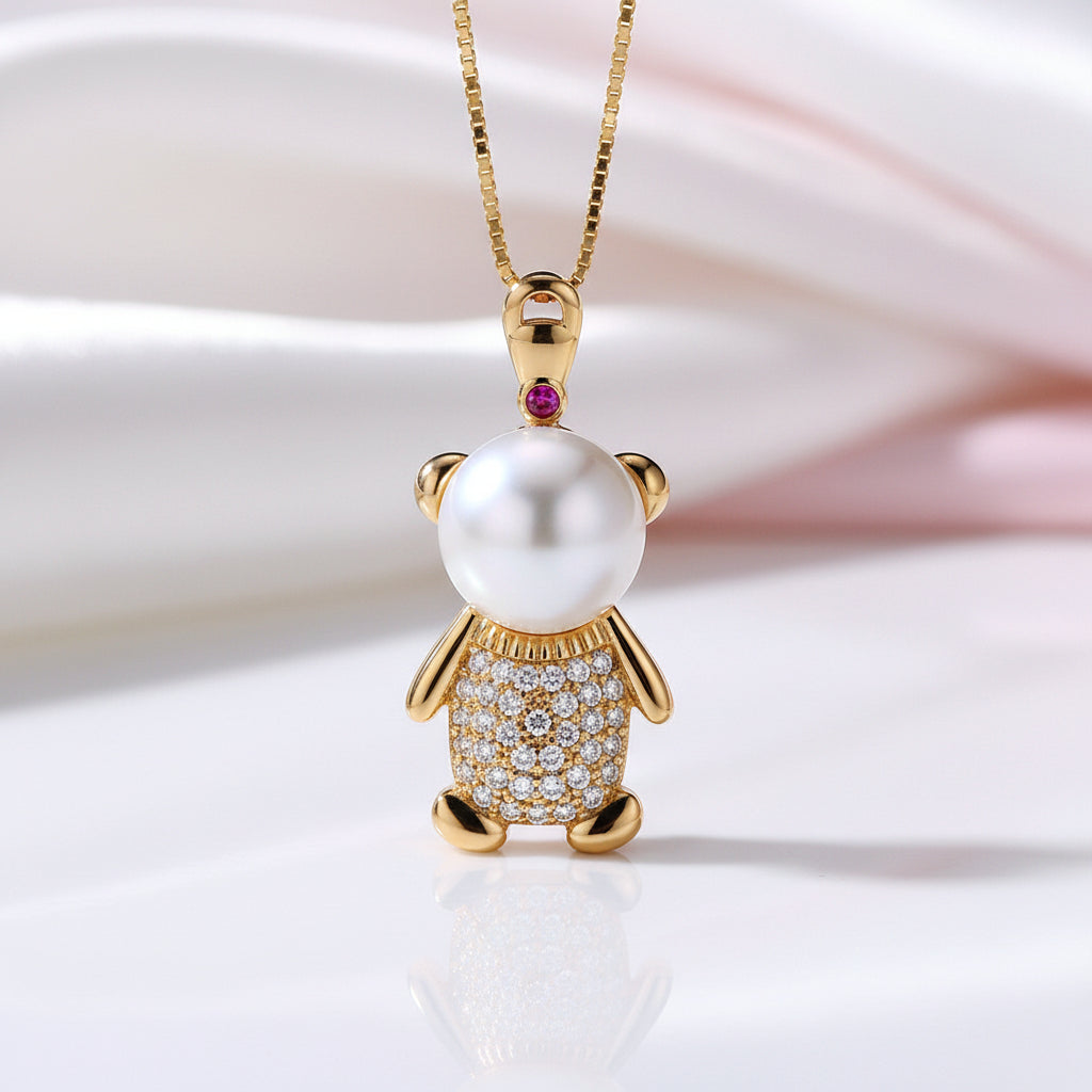 Cute Bear Freshwater Pearl Pendant Necklace-Black Diamonds New York