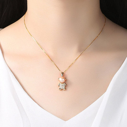 Cute Bear Freshwater Pearl Pendant Necklace-Black Diamonds New York