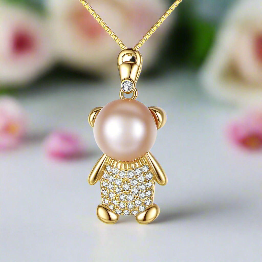 Cute Bear Freshwater Pearl Pendant Necklace-Black Diamonds New York