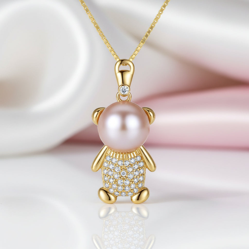 Cute Bear Freshwater Pearl Pendant Necklace-Black Diamonds New York