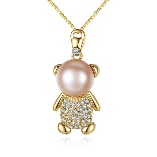 Cute Bear Freshwater Pearl Pendant Necklace-Black Diamonds New York