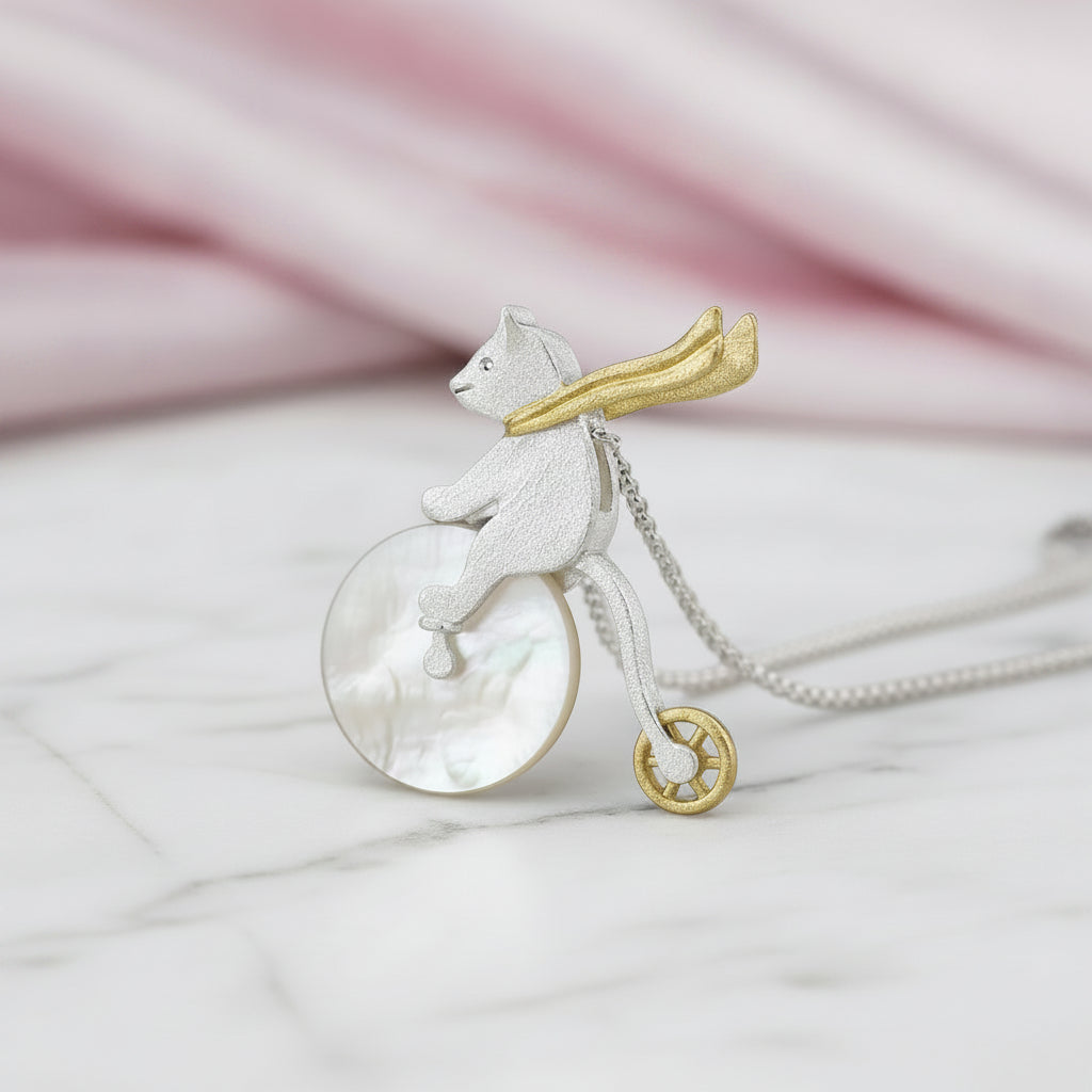 Cute Bicycle Riding Bear Pendant-Black Diamonds New York