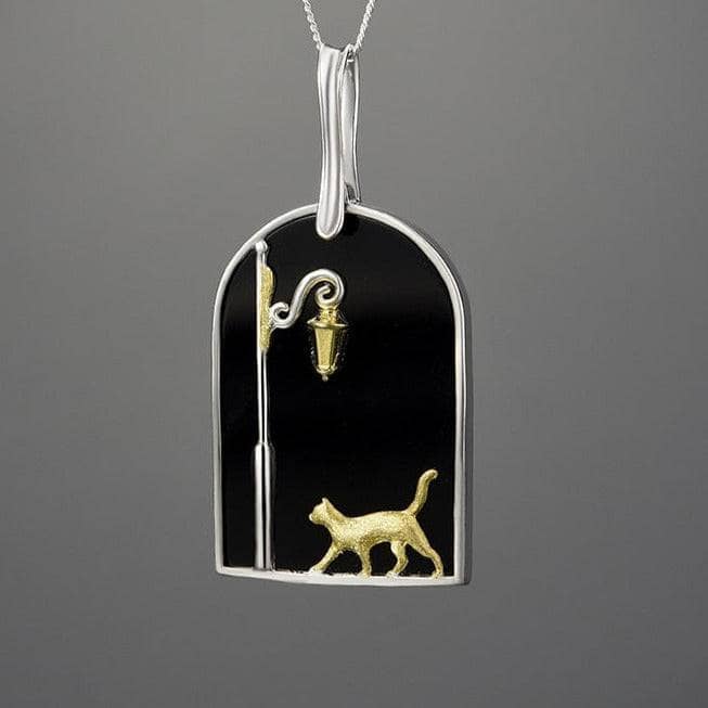 Cute Cat under the Street Lamp Necklace-Black Diamonds New York