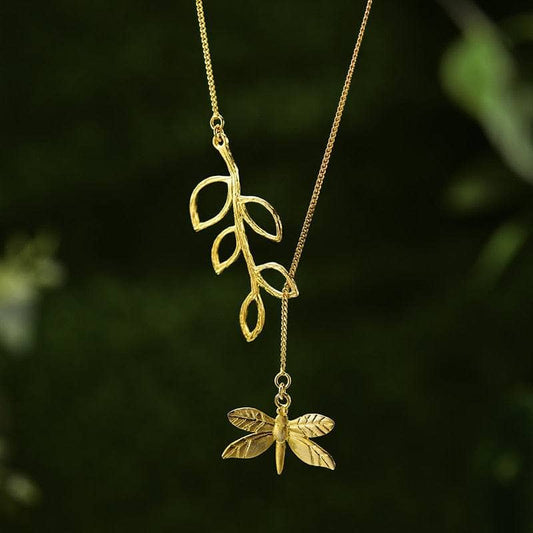 Cute Dragonfly & Leaves Necklace-Black Diamonds New York