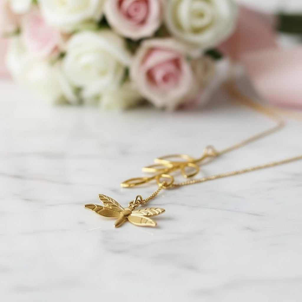 Cute Dragonfly & Leaves Necklace-Black Diamonds New York