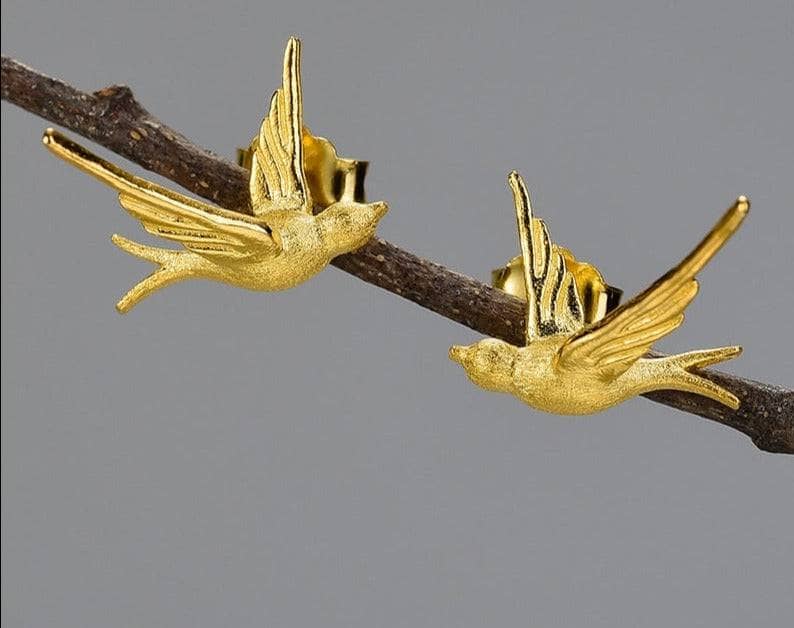 Cute Flying Swallows Stud Earrings-Black Diamonds New York