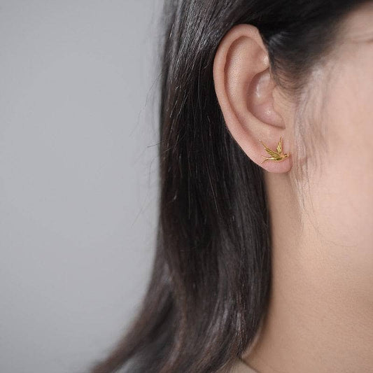 Cute Flying Swallows Stud Earrings-Black Diamonds New York