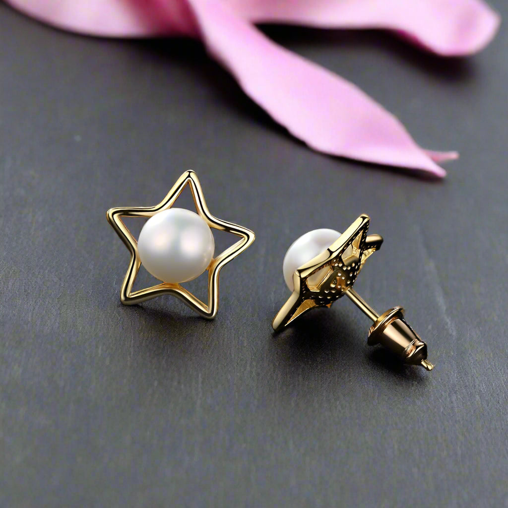 Cute Fresh Water Pearl Star Stud Earrings-Black Diamonds New York