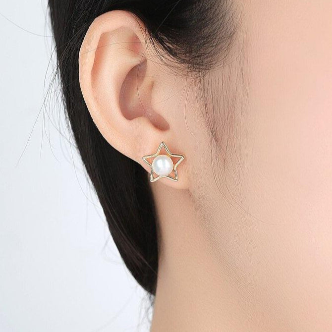 Cute Fresh Water Pearl Star Stud Earrings-Black Diamonds New York
