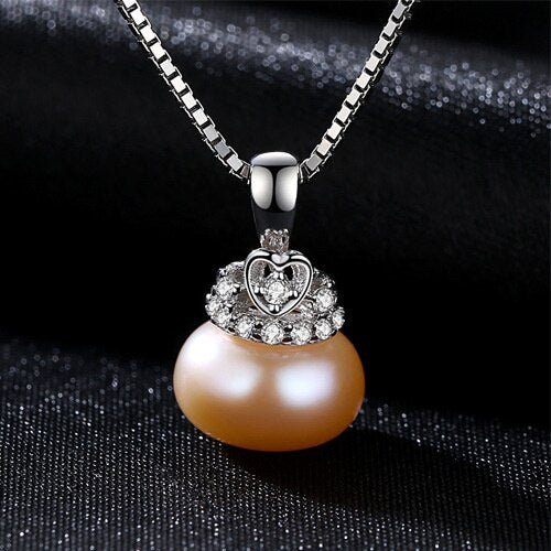 Cute Heart Crown Fresh Water Pearl Pendant Necklace-Black Diamonds New York
