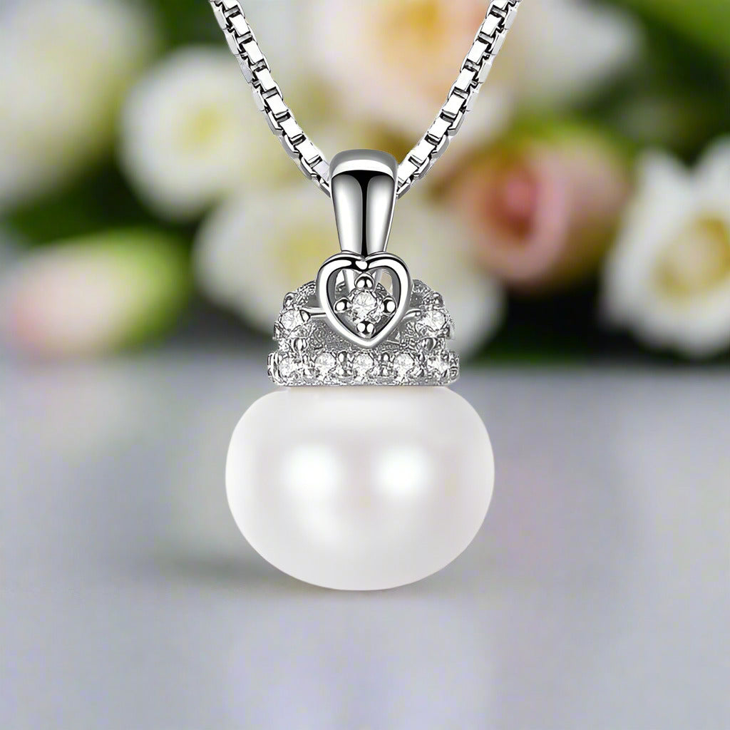 Cute Heart Crown Fresh Water Pearl Pendant Necklace-Black Diamonds New York