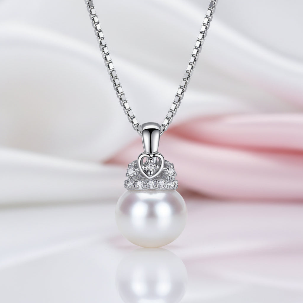 Cute Heart Crown Fresh Water Pearl Pendant Necklace-Black Diamonds New York