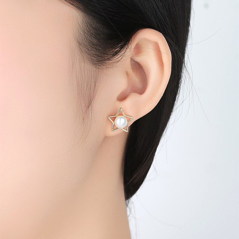 Cute Natural Fresh Water Pearl Star Stud Earrings Elegant-Black Diamonds New York