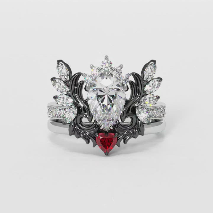 Angel's Wings- 14k White Gold Pear Cut and Red Heart Moissanite Gothic Promise Ring