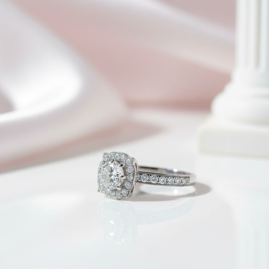 Dainty Round Cut Diamond Option Halo Art Deco Engagement Ring-Black Diamonds New York
