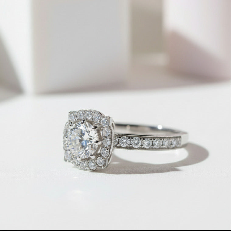 Dainty Round Cut Diamond Halo Art Deco Engagement Ring-Black Diamonds New York