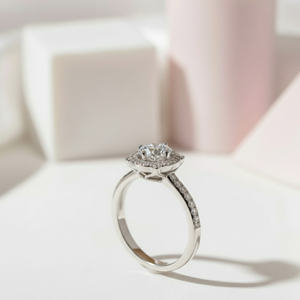 Dainty Round Cut Diamond Halo Art Deco Engagement Ring-Black Diamonds New York