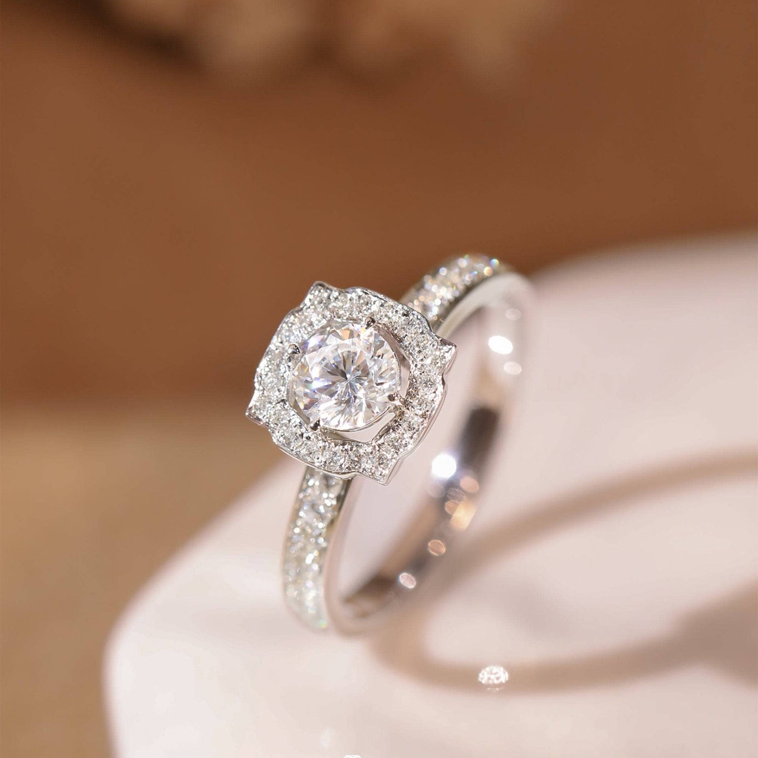 Dainty Round Cut Moissanite Halo Art Deco Engagement Ring-Black Diamonds New York