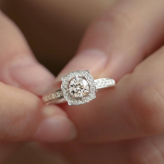 Dainty Round Cut Moissanite Halo Art Deco Engagement Ring - Black Diamonds New York