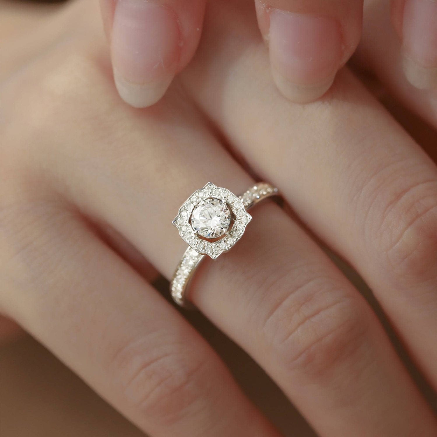 Dainty Round Cut Diamond Halo Art Deco Engagement Ring-Black Diamonds New York