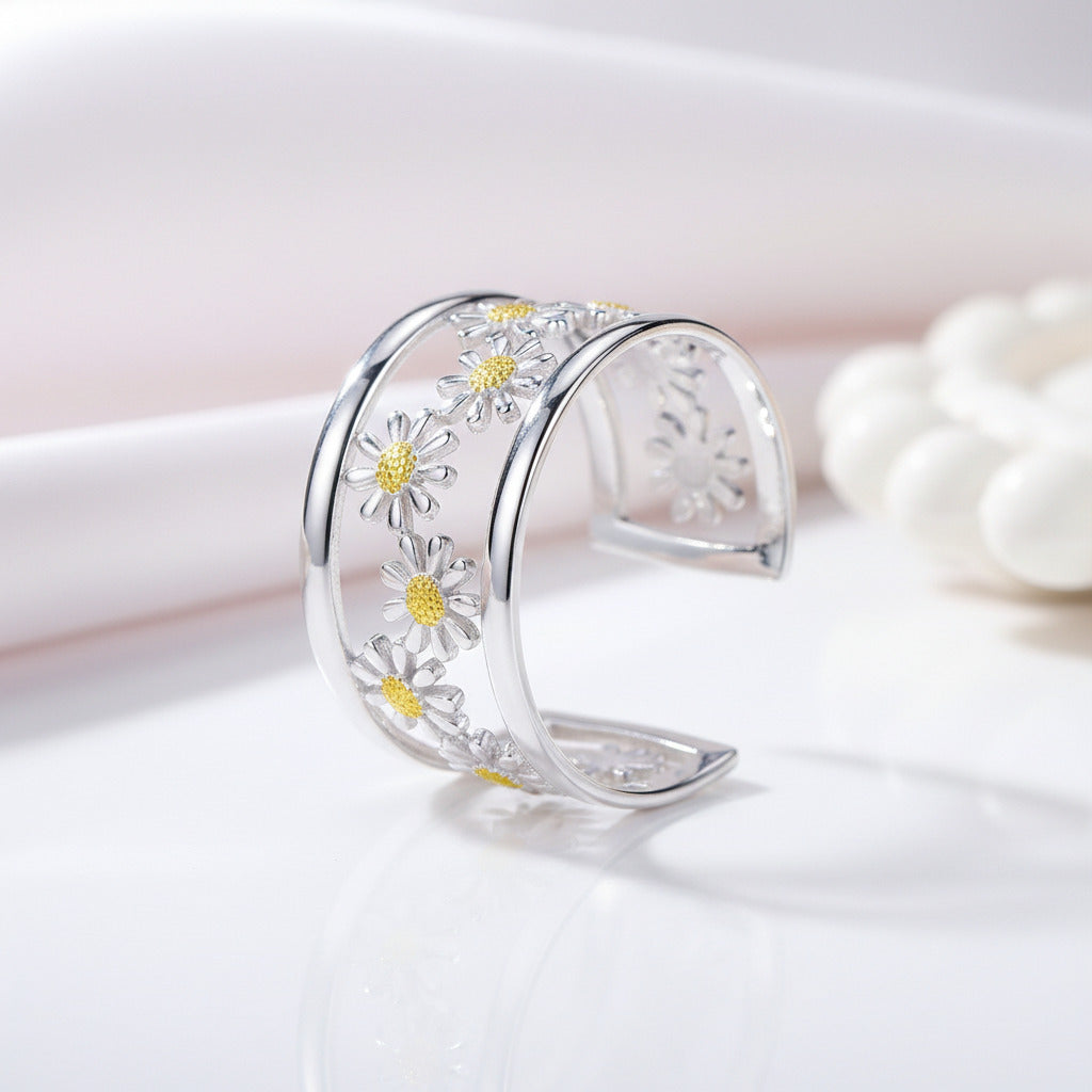 Daisy Flower Adjustable Ring-Black Diamonds New York