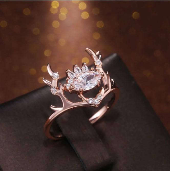 Deer Love- Marquise Cut Diamond Rose Gold Antler's Promise Ring-Black Diamonds New York