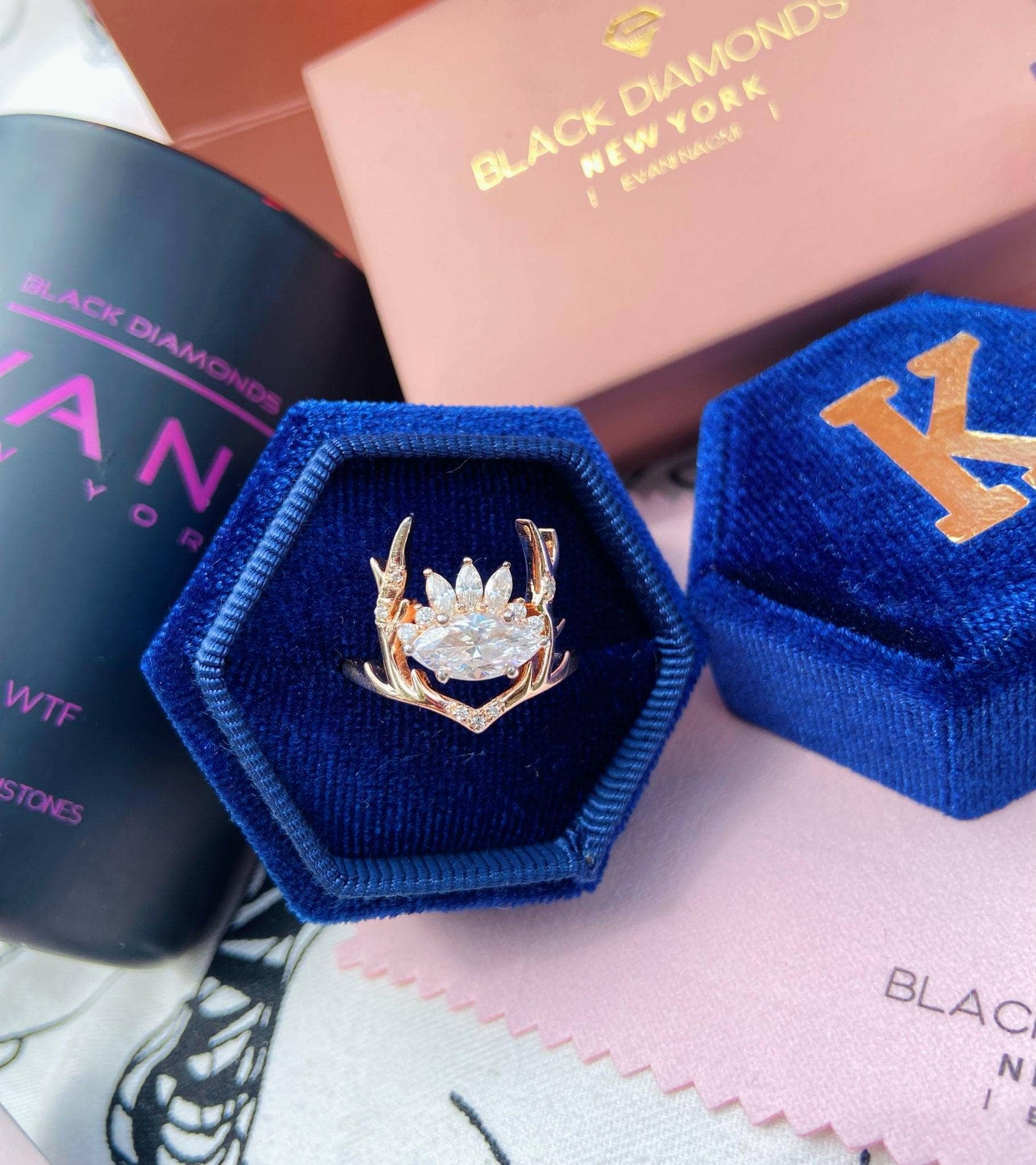 Deer Love- Marquise Cut Diamond Option Rose Gold Antler's Promise Ring-Black Diamonds New York