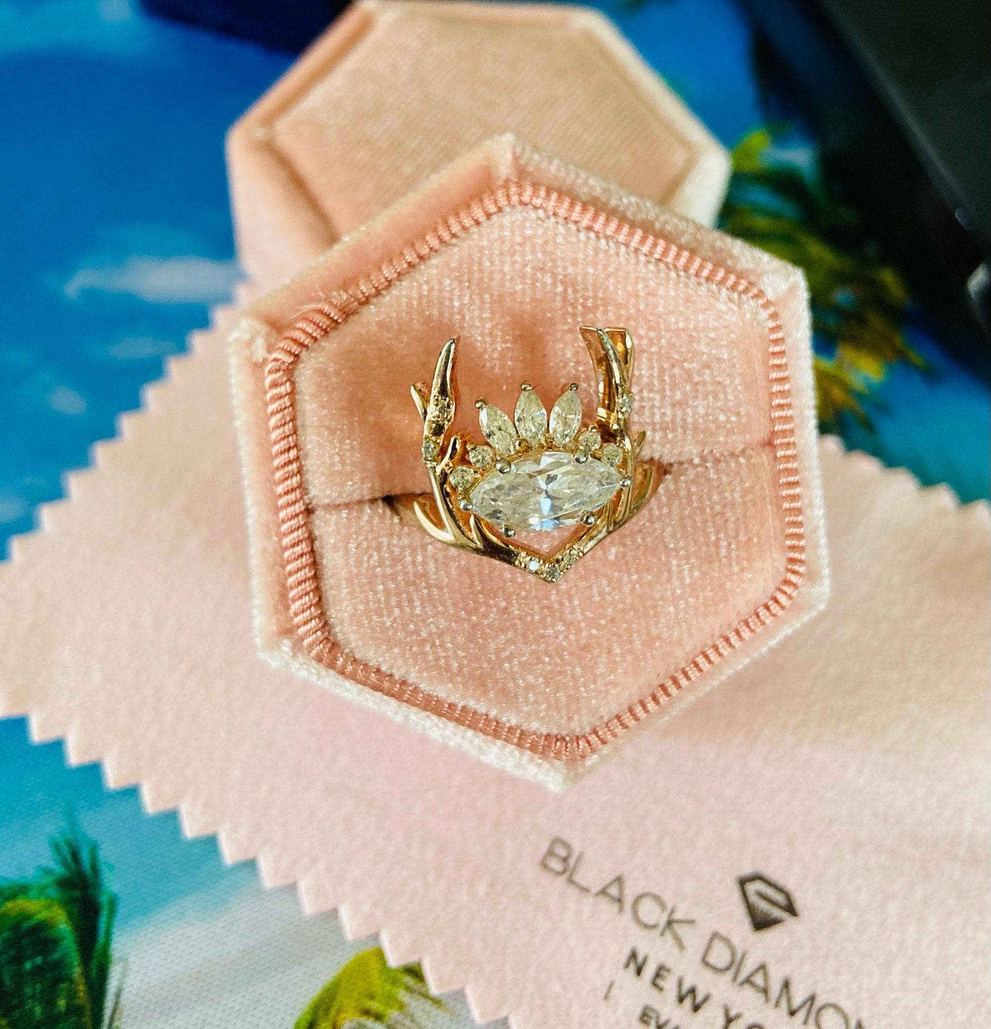 Deer Love- Marquise Cut Diamond Option Rose Gold Antler's Promise Ring-Black Diamonds New York