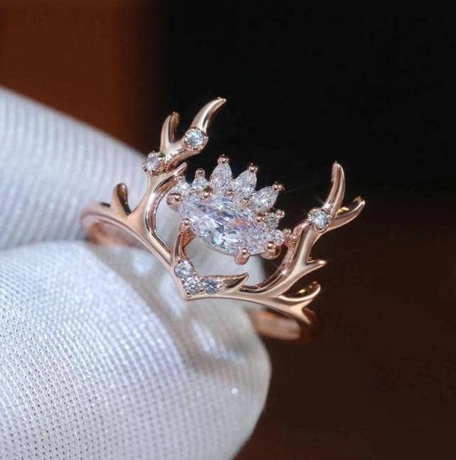 Deer Love- Marquise Cut Diamond Rose Gold Antler's Promise Ring-Black Diamonds New York