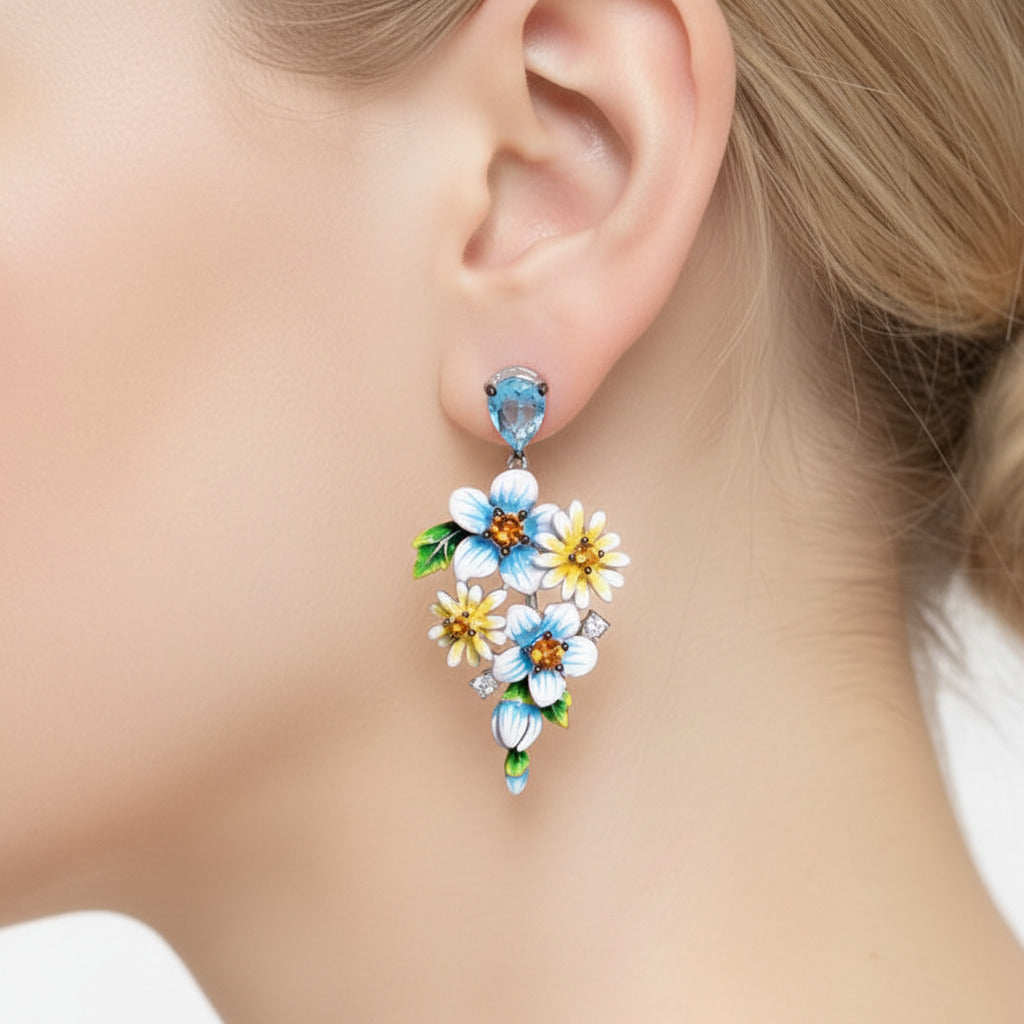 Delicate Blue & Yellow Enamel Flower Earrings with Diamond Option-Black Diamonds New York