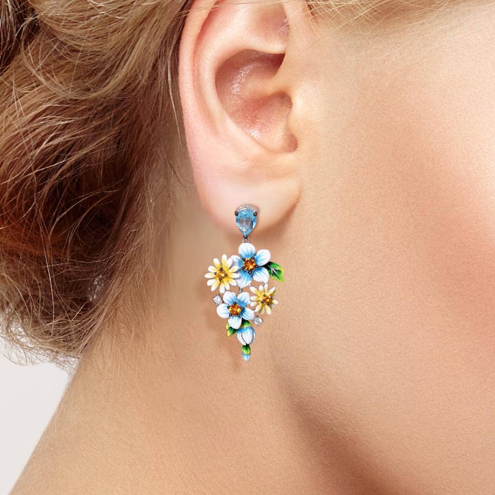 Delicate Blue & Yellow Enamel Flower Earrings with Created Diamonds-Black Diamonds New York