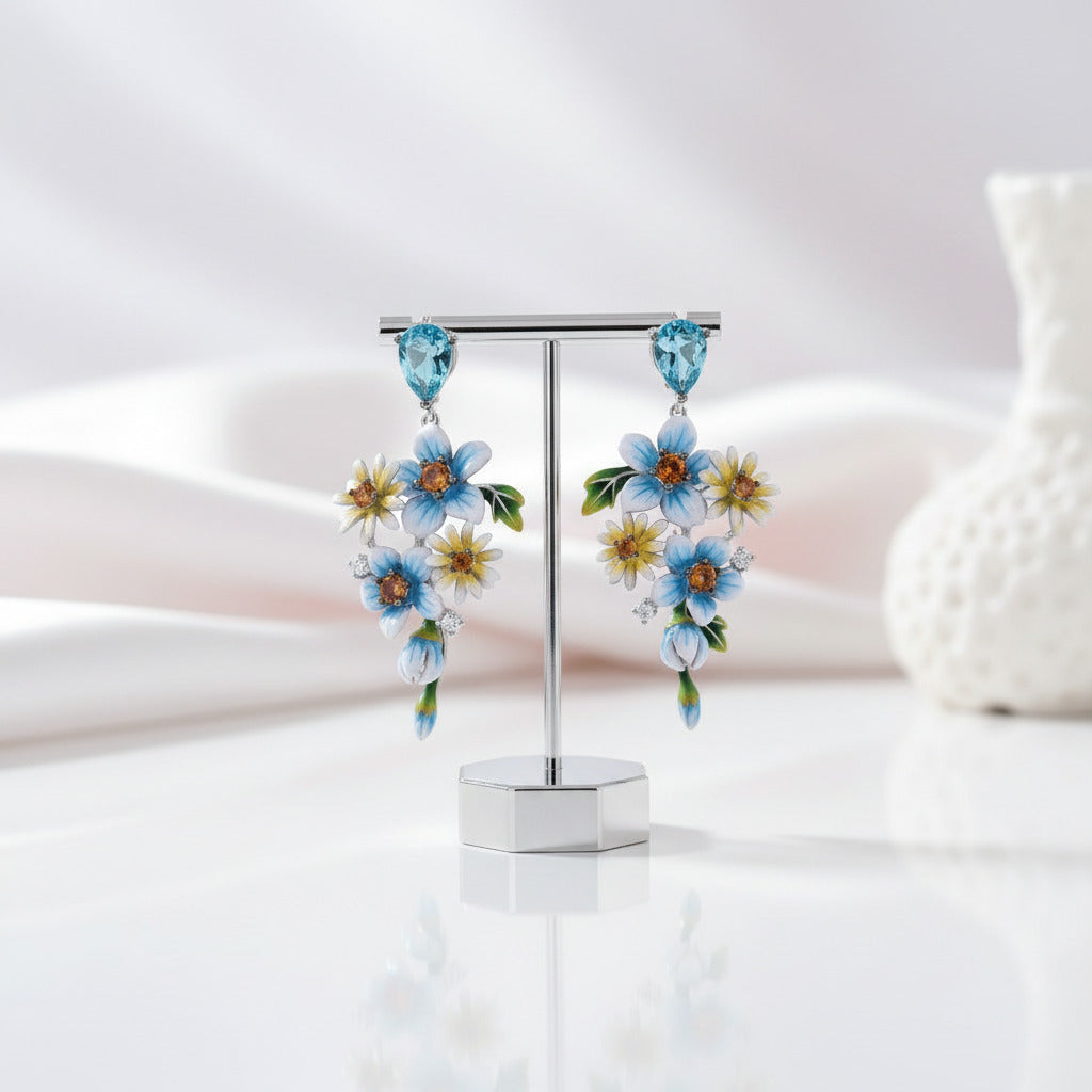 Delicate Blue & Yellow Enamel Flower Earrings with Diamond Option-Black Diamonds New York