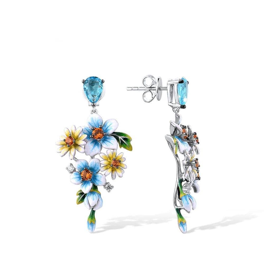 Delicate Blue & Yellow Enamel Flower Earrings with Created Diamonds-Black Diamonds New York