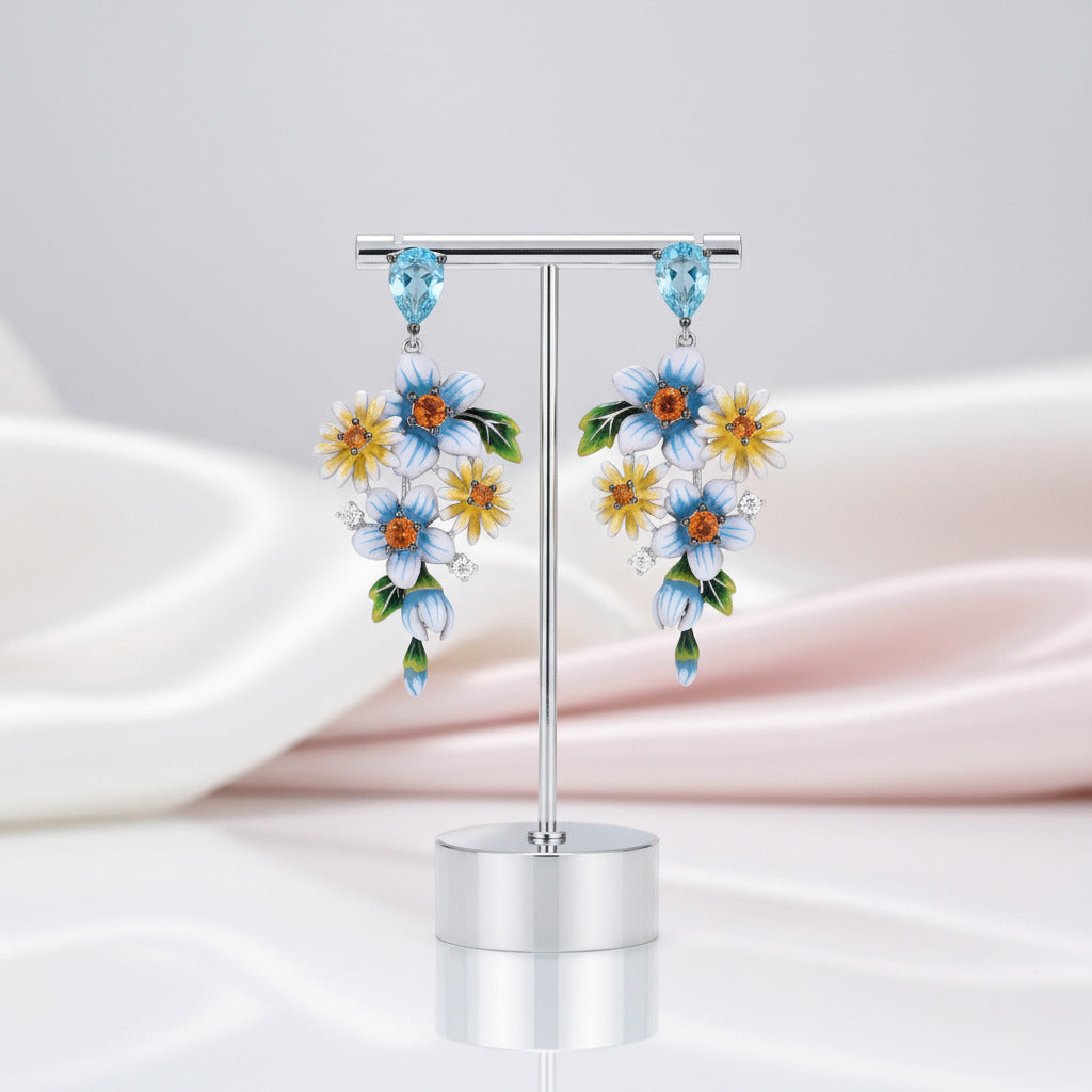 Delicate Blue & Yellow Enamel Flower Earrings with Diamond Option-Black Diamonds New York