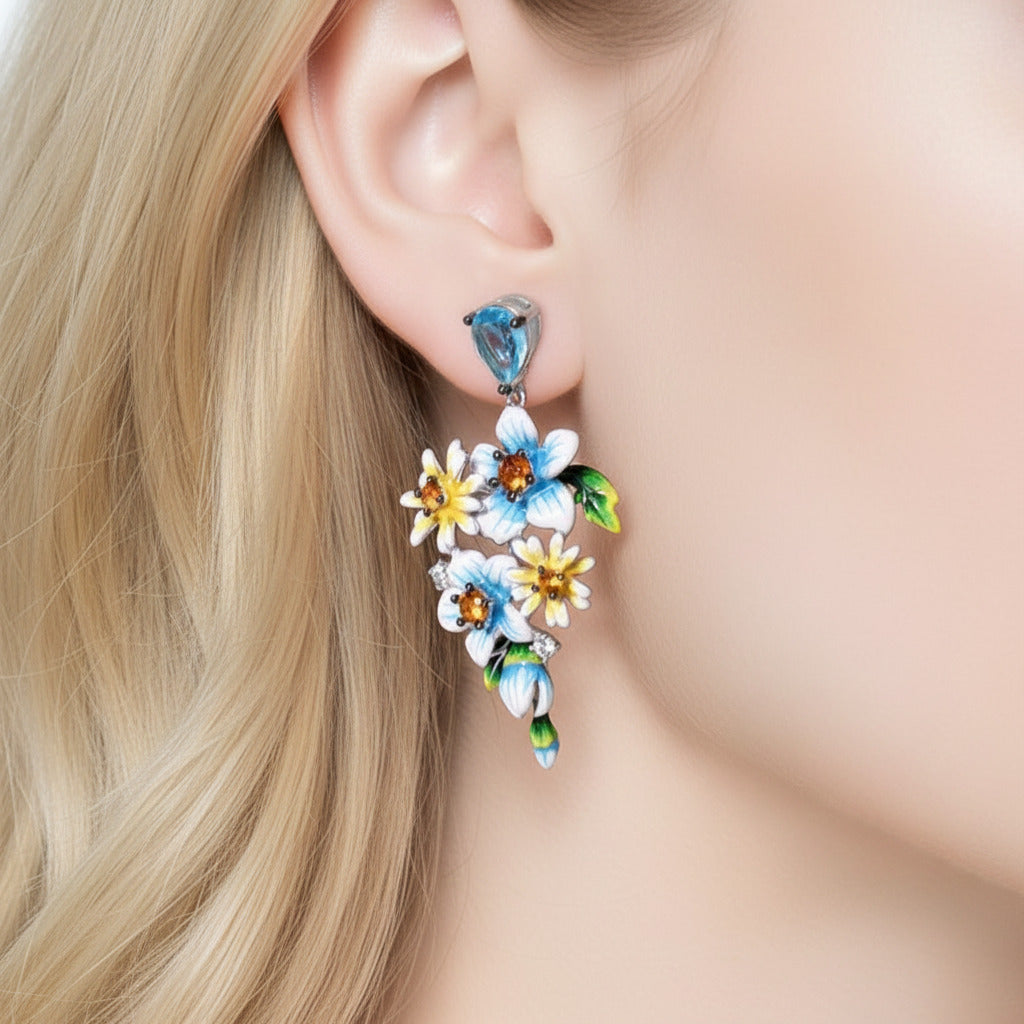 Delicate Blue & Yellow Enamel Flower Earrings with Diamond Option-Black Diamonds New York