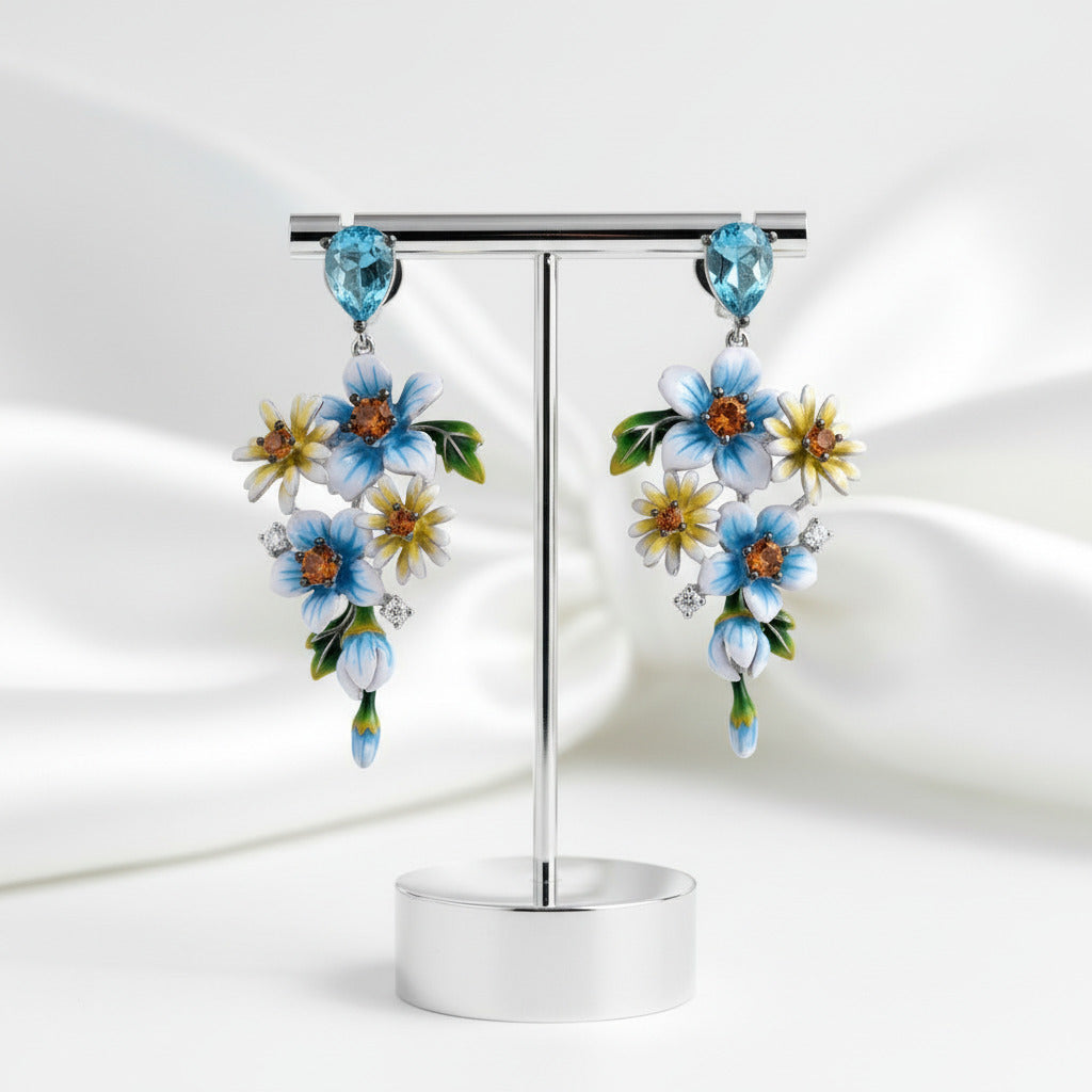 Delicate Blue & Yellow Enamel Flower Earrings with Diamond Option-Black Diamonds New York