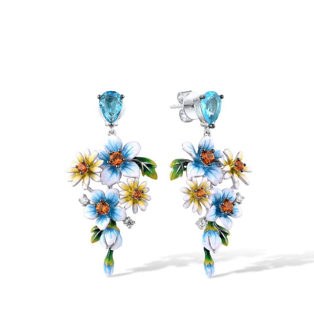 Delicate Blue & Yellow Enamel Flower Earrings with EVN Stones-Black Diamonds New York